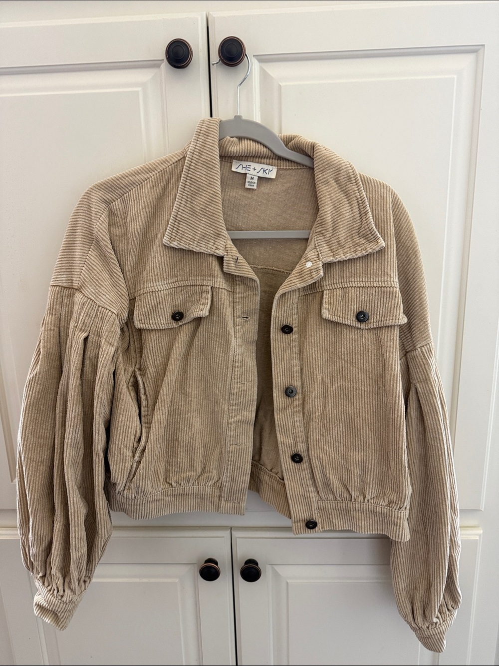 She & Sky Beige Cropped Corduroy Trucker Jacket